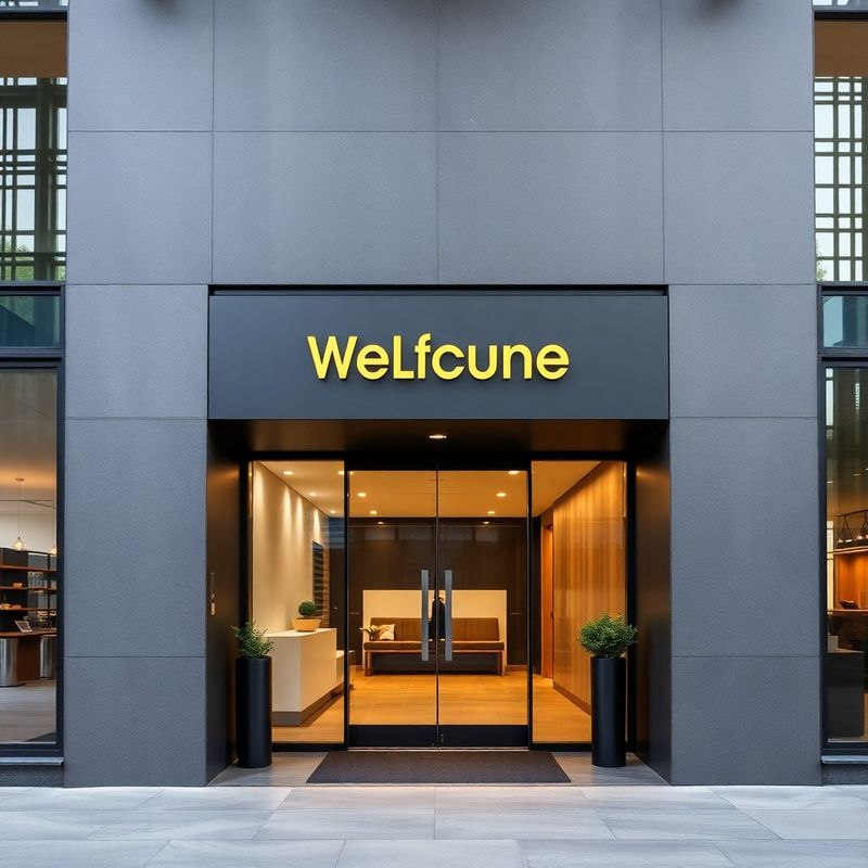 Moderner Bürozugang im Kölner Zentrum mit charcoal-goldener Beschilderung