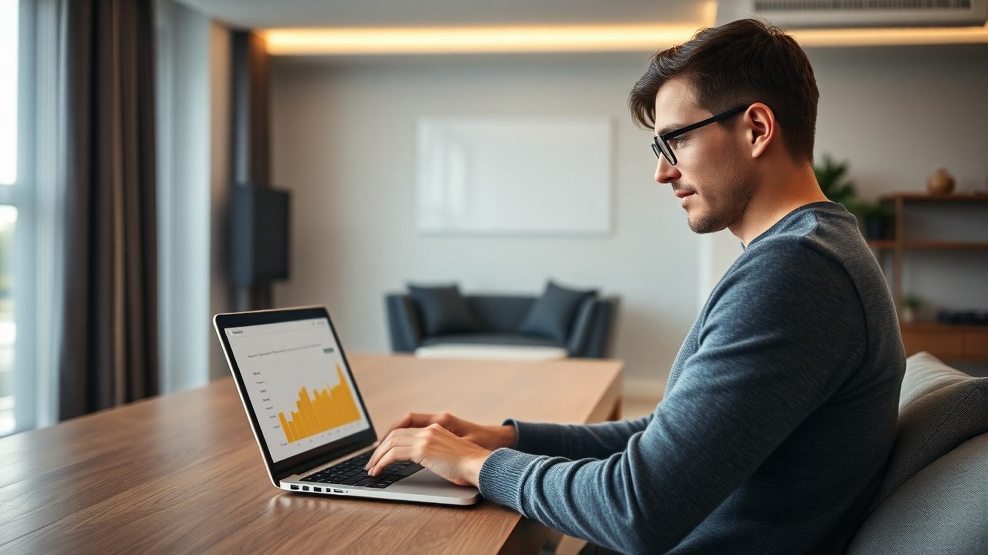 Person prüft konzentriert ein charcoal-goldenes Investment-Dashboard auf dem Laptop