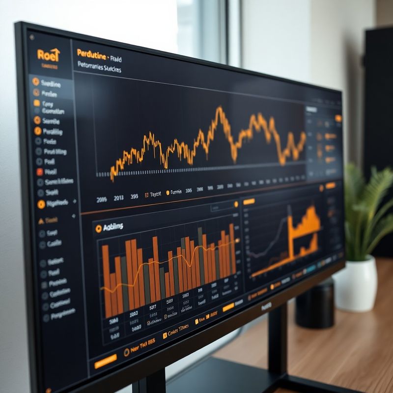 Charcoal-goldenes Trading-Interface mit Performance-Charts auf einem großen Monitor