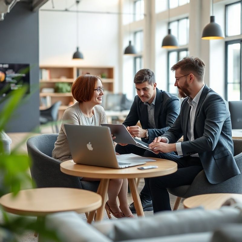 Team aus Entwicklern und Finanzprofis in einem offenen Kölner Büro