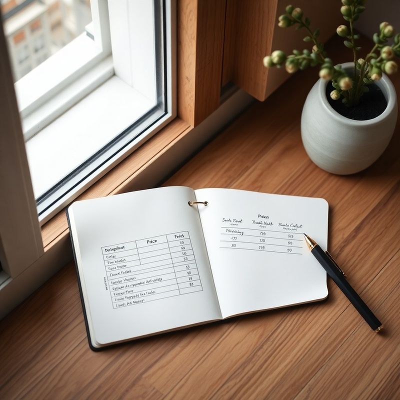 Flat-Lay mit Notizbuch und Preisvergleich-Skizzen in charcoal-goldener Farbwelt